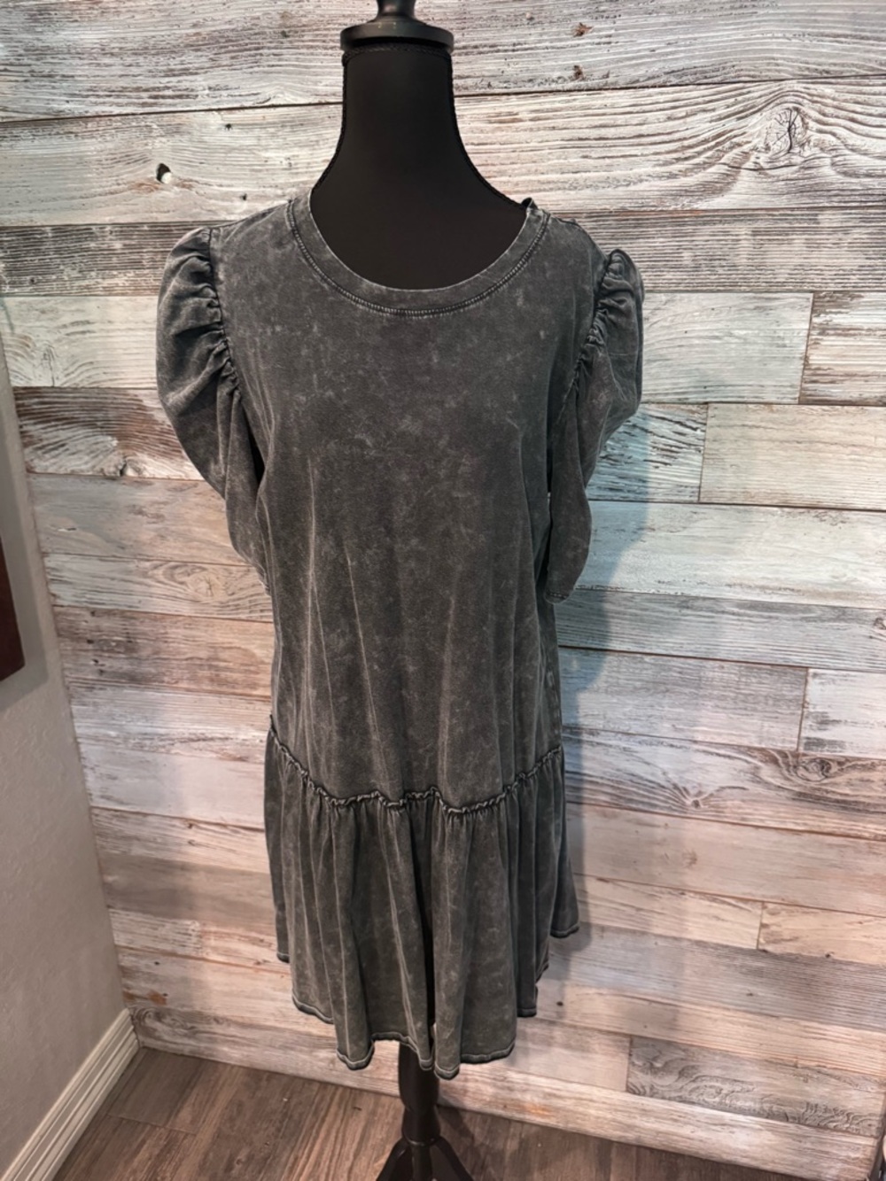SO Washed Charcoal Puff Sleeve Mini Dress